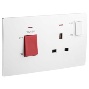 2-Gang Cooker Unit Control - 45A Double Pole Switch and 13A Switched Socket with indicator Alliminium