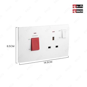 2-Gang Cooker Unit Control - 45A Double Pole Switch and 13A Switched Socket with indicator Alliminium